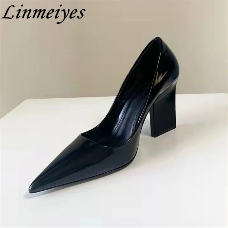 

2022 New High Heels Shoes Women Pointed Toe Slip -on Genuine Leather Runway Shoes Female Black White Blue Women Pumps