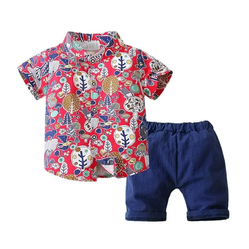 

2022 Summer Short Sleeve Suit Printed Cartoon Flower Shirt Boy Shorts Casual 2 Piece Summer Beach Clothing