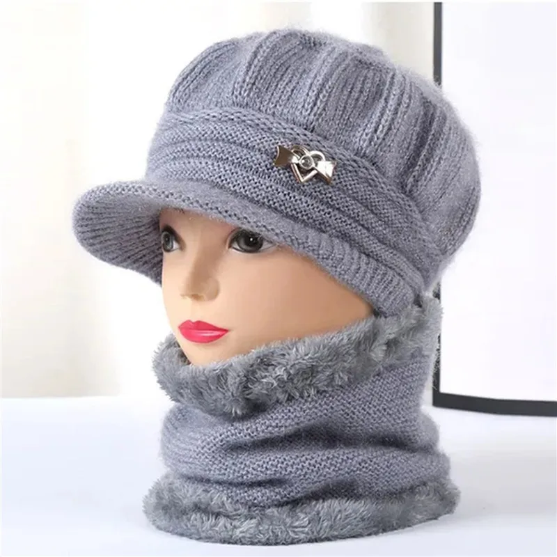 

Women's Wool Fashion Hat Plush Knitted Scarf Warm Suit Pure Color Simple Autumn and Winter Hat Scarf Two-piece Set