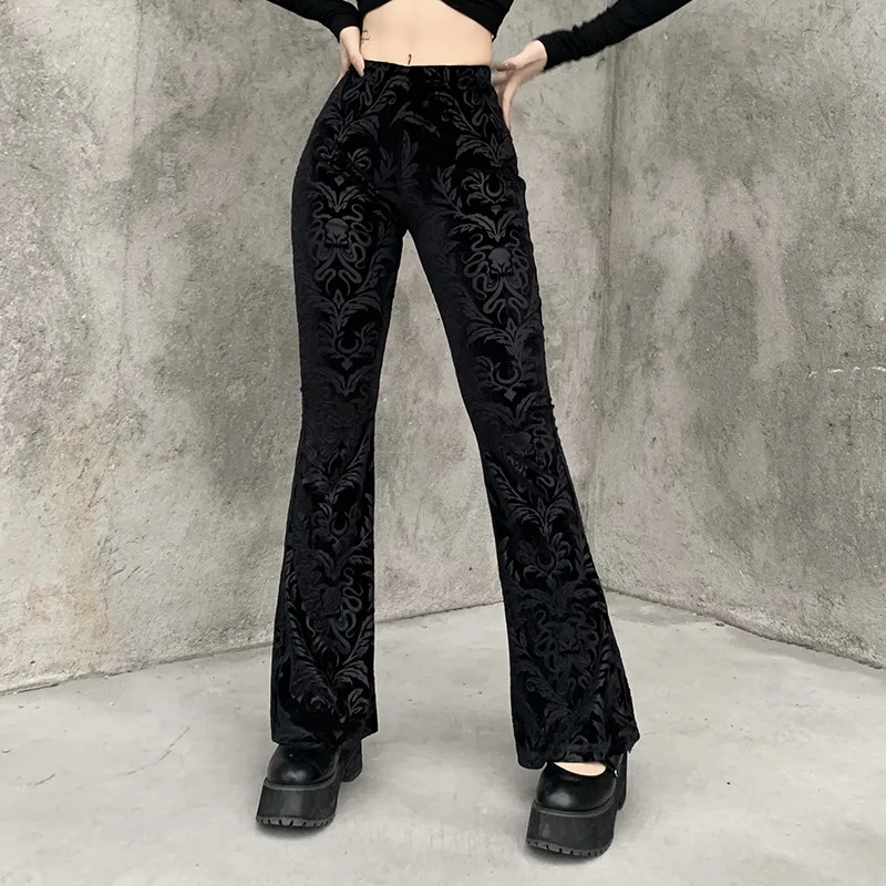 Vintage Floral Scratched Gothic Punk Pants Velvet High Waist Skinny Flare Trousers for Women Autumn Winter Streetwear 2022 Y2K