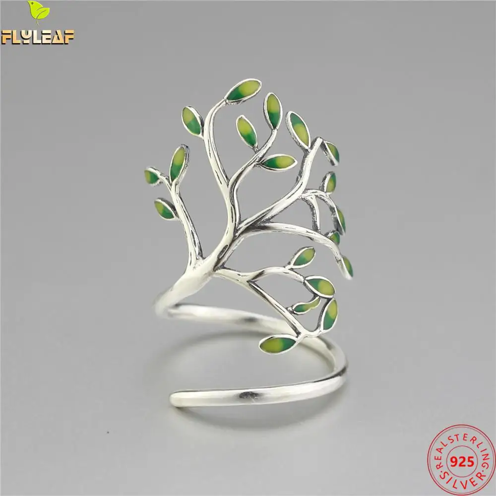

Real 925 Sterling Silver Jewelry Drop Glaze Leaves Open Rings For Women Original Design Luxury Femme Popularity Accessories 2022
