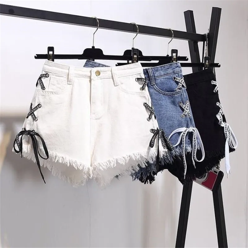 

Vintage Snowflake Inelastic Women Denim Shorts With High Waist Straps Tassel Female Summer Shorts For Women's Jeans