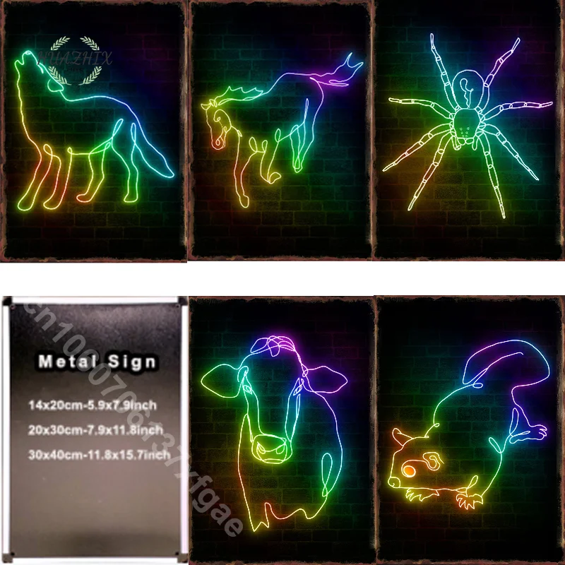 

Neon Animals Metal Tin Sign Open Plate Print Wall Door Room Decor Coffee Retro Signs Vintage for Art Club Cafe Home Decoration