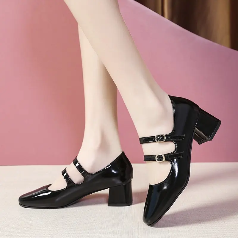 

Shoes for Women 2023 New Spring Patent Leather Square Heel Lolita Style Casual Pumps Square Toe Buckle Mary Jane Ladies Shoes