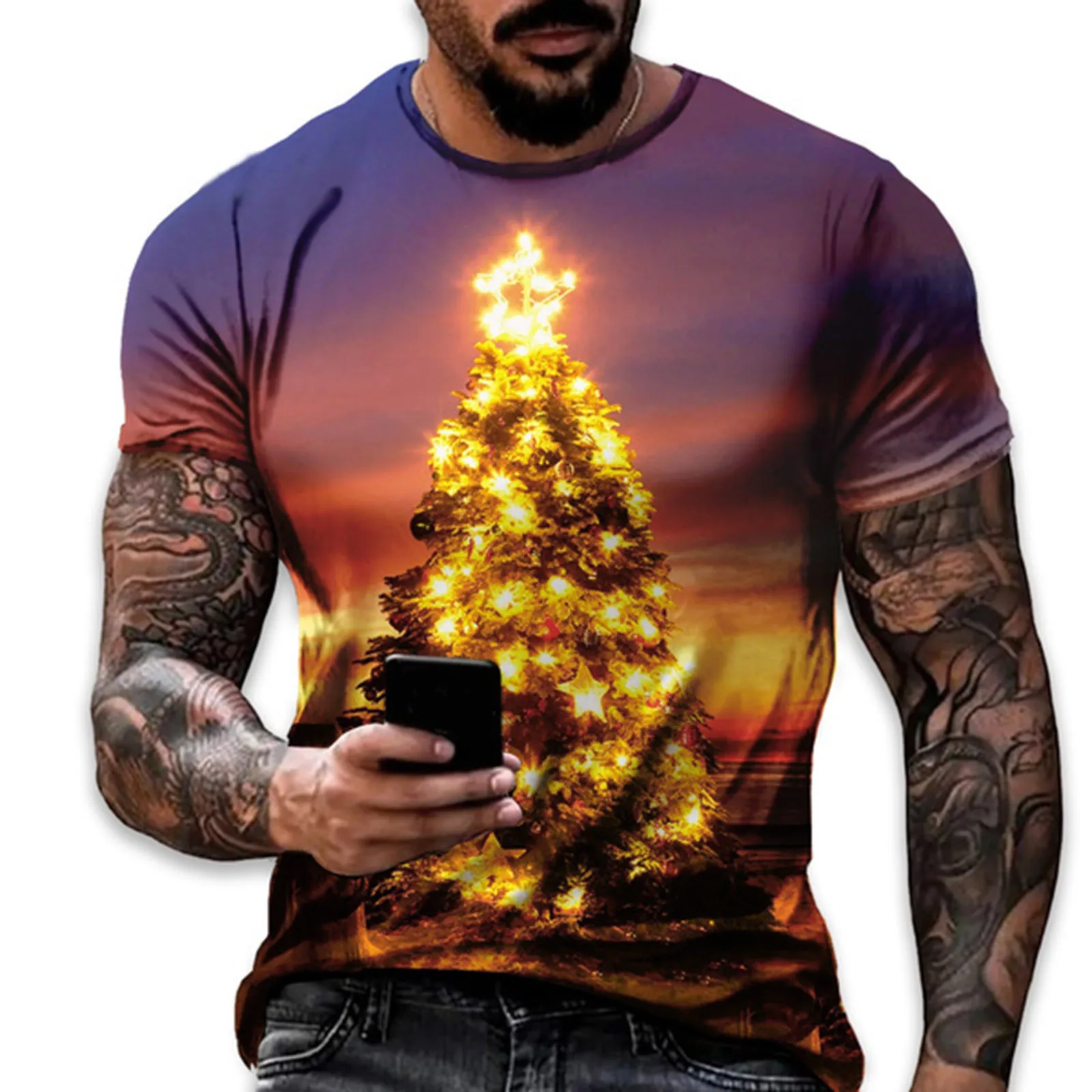 

Graphic T Shirts Mens Christmas Tree Print Tee Vintage New Year Short Sleeve Funny Tops Tee Oversized Male Harajuku Blouses