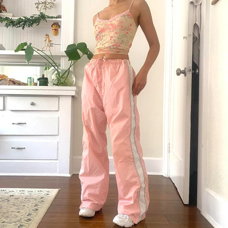 

Women's Autumn American Casual Sports Pants Retro High Waist Drawstring Striped Stitching Design Loose Wide Leg Mopping Trouser