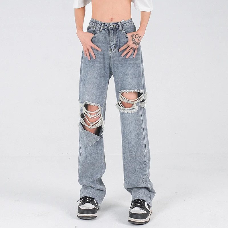 Blue Ripped Baggy Jeans Men Fashion Casual Wide Leg Jeans Men Streetwear Loose Hip Hop Hole Straight Denim Pants Mens Trousers