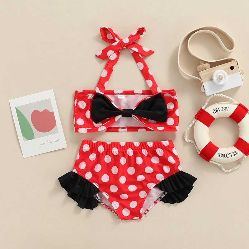 

Disney Minnie Clothing Toddler Girls Two Piece Swimsuits Cute Dots Print Bow Front Halter Bikini Tops + Bottom Set
