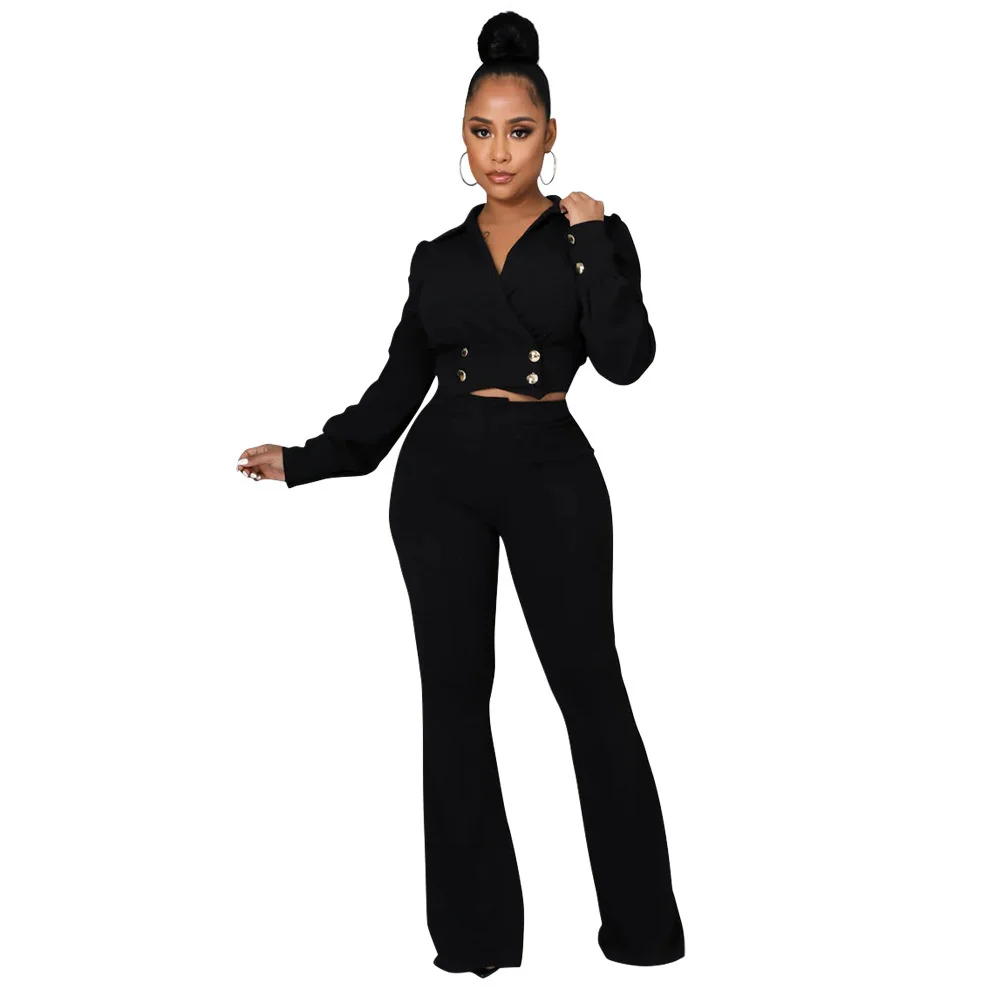 

Cutubly Casual 2 Two-piece Set Elegant Outfits Chic Polo Crop Tops Long Sleeve Top With Flare Pants Suits Lady Fashion Solid