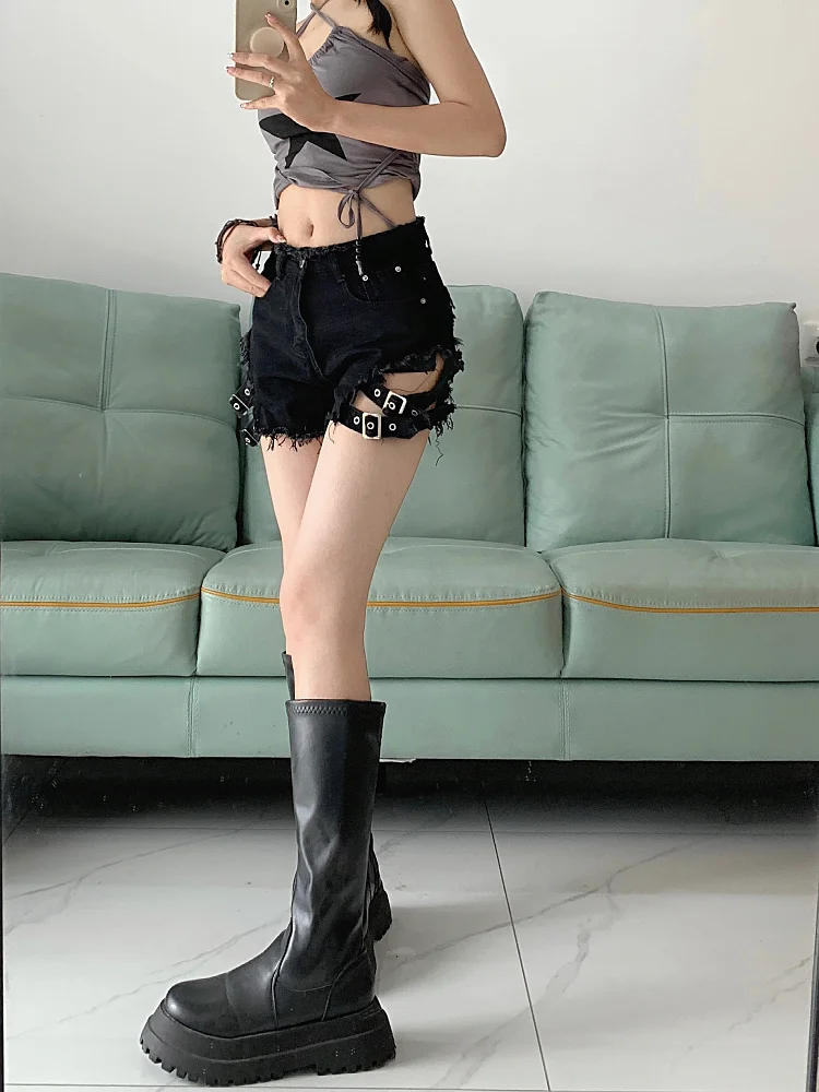 ADAgirl Punk Black Shorts Jeans Summer Low Wasit Short Pants High Street Wear Korean Fashion Emo Goth Grunge E-girl Bottoms 2023