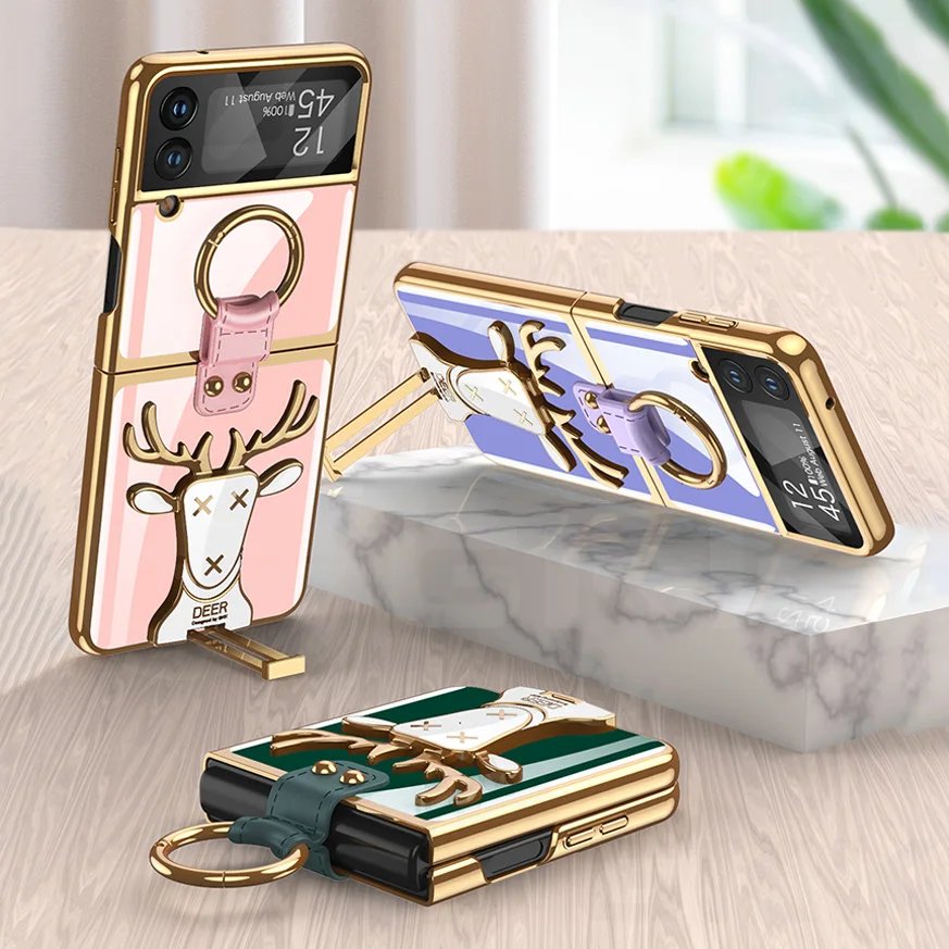 

GKK Luxury Plating Elk Bracket Case For Samsung Galaxy Z Flip 4 5G Back Screen Protector Hard Cover For Galaxy Z Flip4 Ring Case