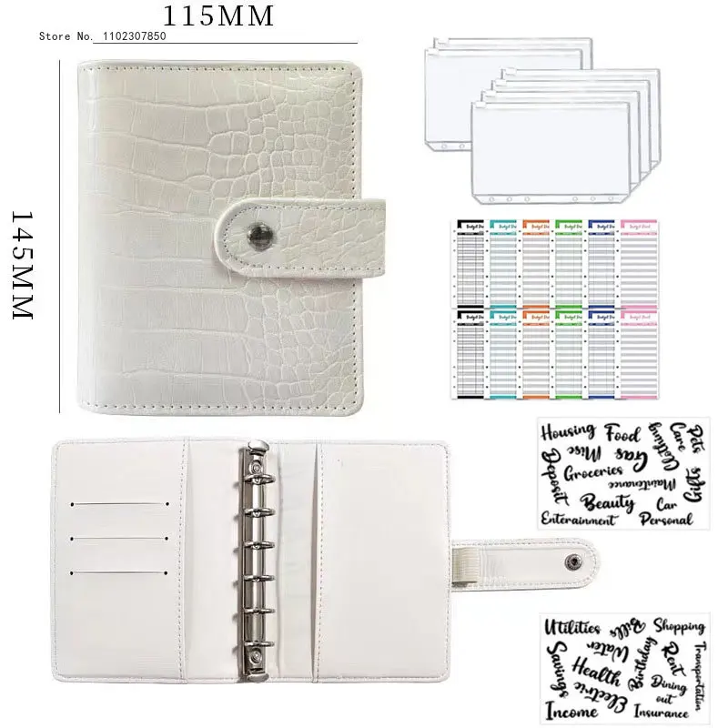 

A7Pu Leather Notebook Cover Organizer Diary Schedule Budget Table Stationery Transparent Zipper Pocket 6-Ring Binder Binder Gift