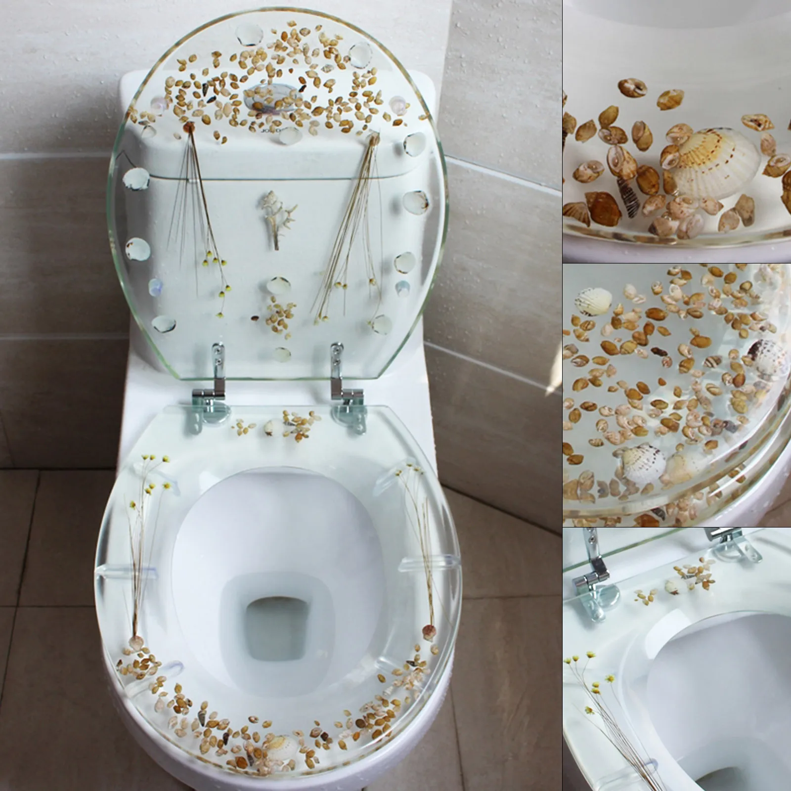 Safety Resin Toilet Seat Transparent Silent Thickened Toilet Cover with Shells and Chrome Hinges, for U /V type Toilet