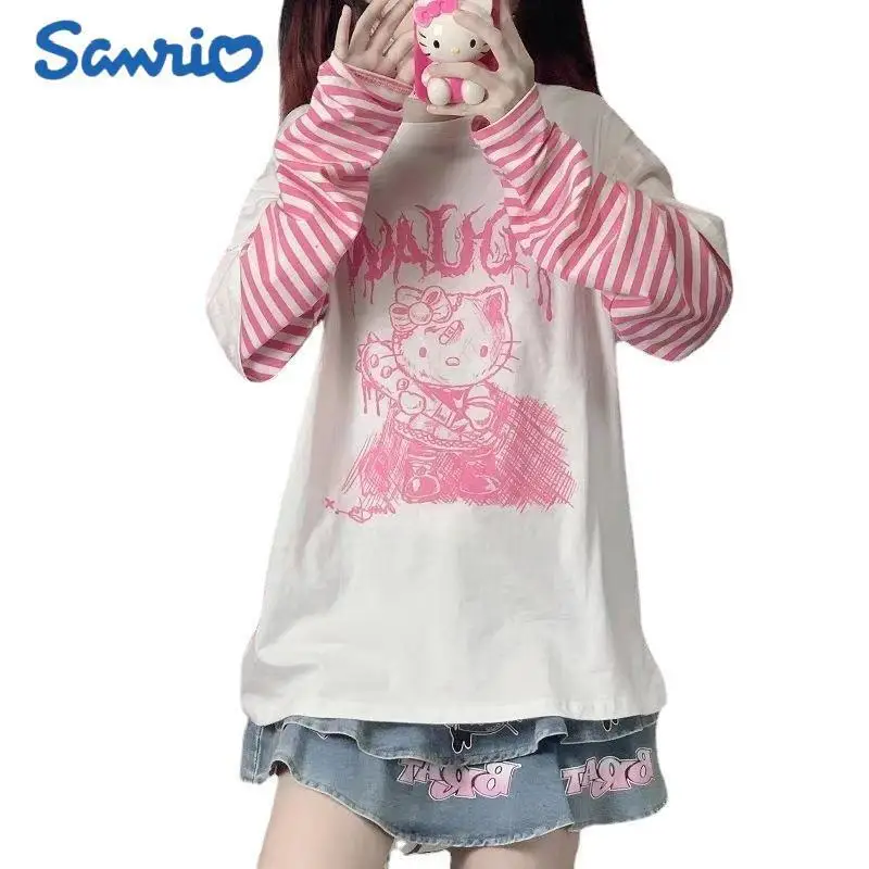 

Футболка Sanrio с длинным рукавом Hello Kitty Kawaii Y2k девушка сердце поддельная двойка с длинным рукавом милый крутой костюм подружки Девушки Подарки