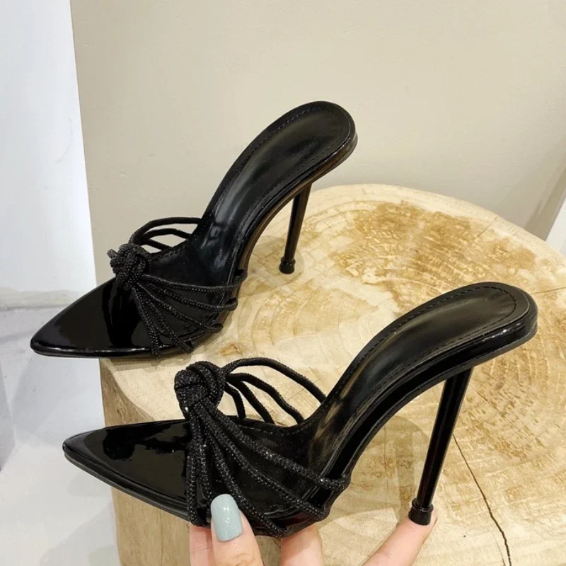 

New Fashion High Heels Slipper For Women Spring Sexy CRYSTAL Narrow Band Pointed Toe Slides Party Sandal Elegant Ladies Shoes