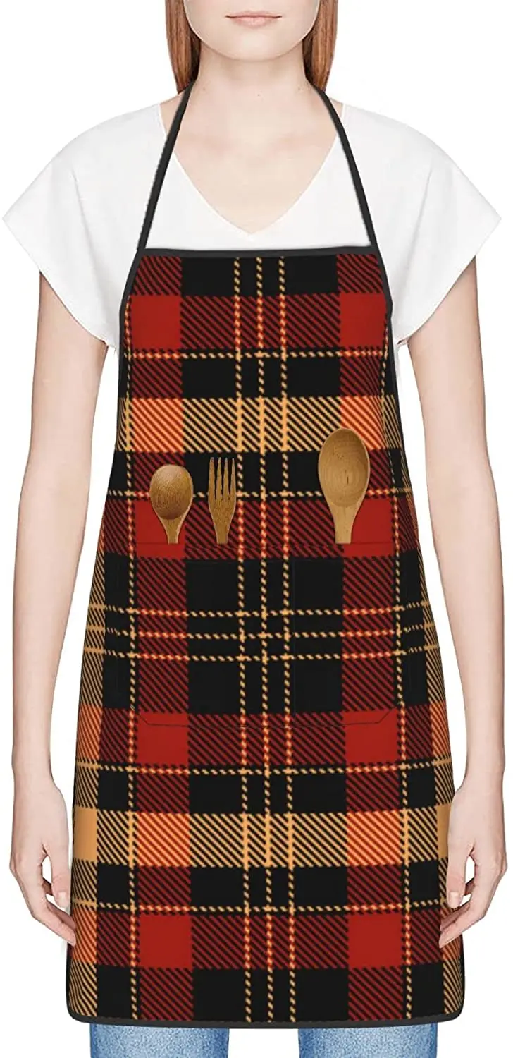 

Фартуки кухонные в клетку с принтом, водонепроницаемые, с 2 карманами, унисекс, красные и черные