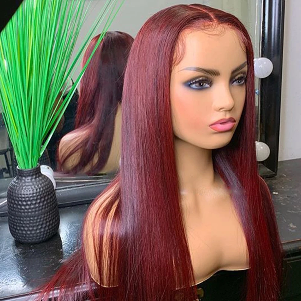 26Inch 180%Density Wine Red Long Natural Hairline Silky Straight Glueless Lace Front Wig For Women With Baby Hair Daily Wigs
