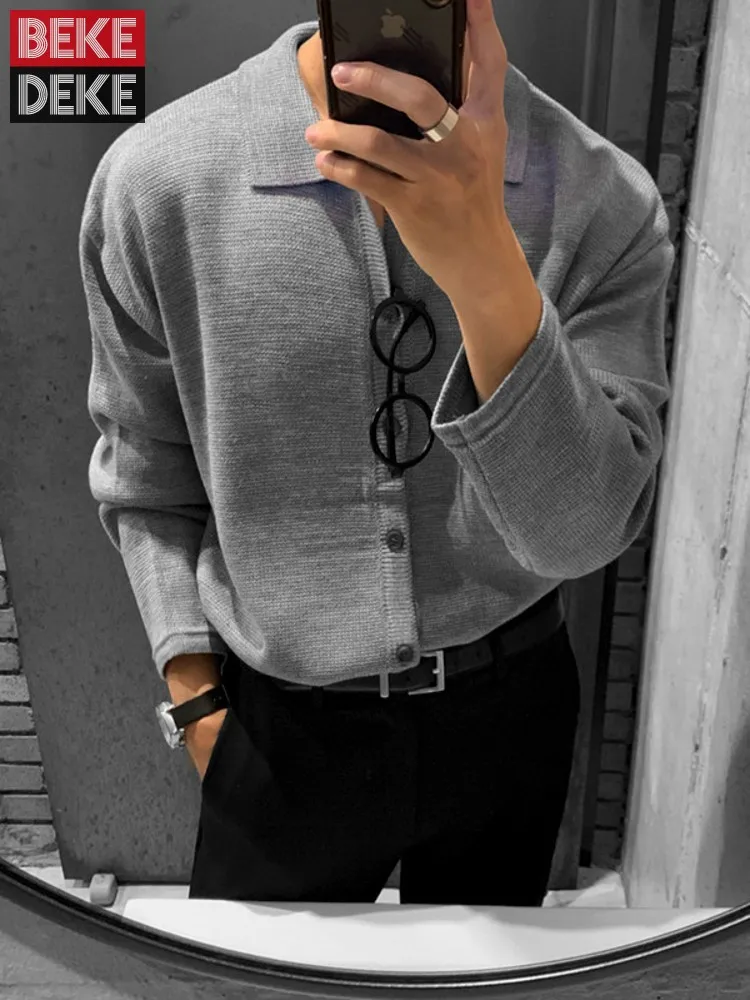 

Korean Style Men Single Breasted Knitwear Jacket Loose Fit Lapel Collar Spring Autumn Business Man Casual Sweater Cardigan Coat