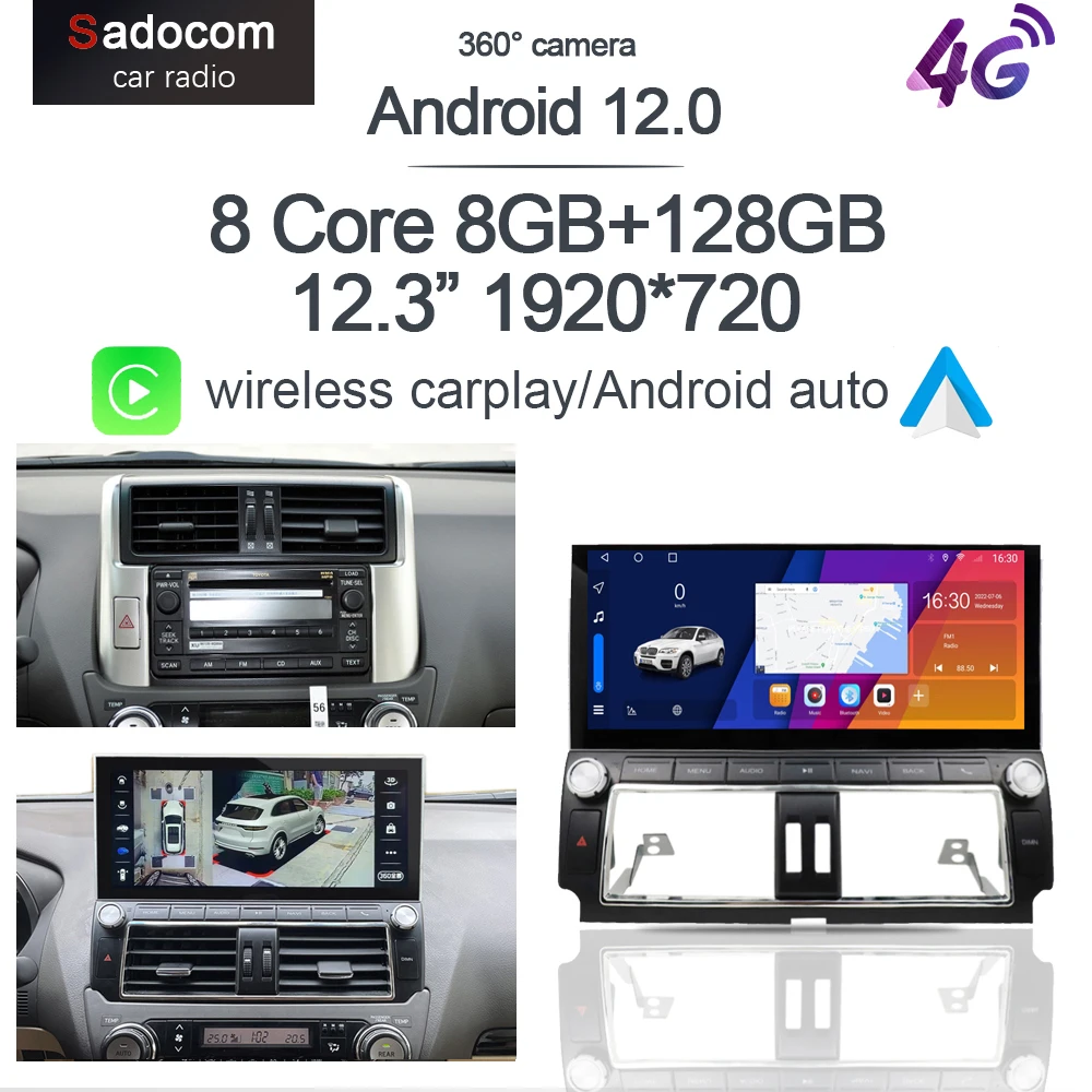 1920*720 IPS Carplay 8G+128G Android 12.0 Car DVD Player GPS WIFI Bluetooth RDS Radio For Toyota LAND CRUISER PRADO 2014-2017 - купить по