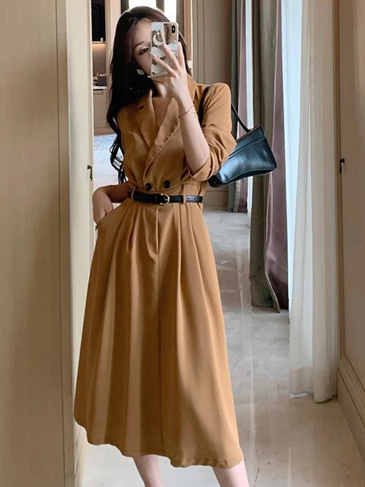 

New Spring Autumn Women Dress Temperament Formal Mujer Vintage Notched Neck Belt Pleated Midi Street Blazer Robe Femme Vestidos