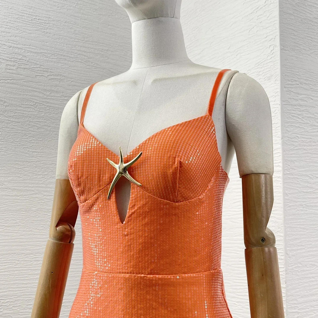 Новинка осени 2024 оранжевое синее Радужное без рукавов платье миди с морской