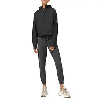 Loose Half Zip Hooded Sweaters Winter Autumn Warm Yoga Running Sweatshirts With Thumb Hole Women Active Wear Short Sports Tops 1