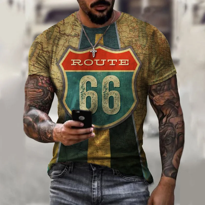 

Summer Men's Cloth Short Sleeves Tees Streetwear U.s. Route 66 Letters Print T-shirt Oversize tshirt Unisex Round Neck Male Tops