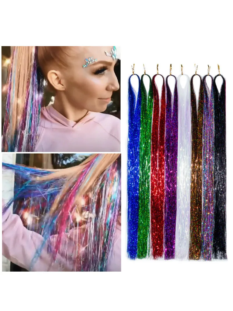 Sparkle Shiny Hair Tinsel Rainbow Silk Hair Extensions Dazzles Women Hippie for Braiding Headdress Long 100cm 120 Strands/bag