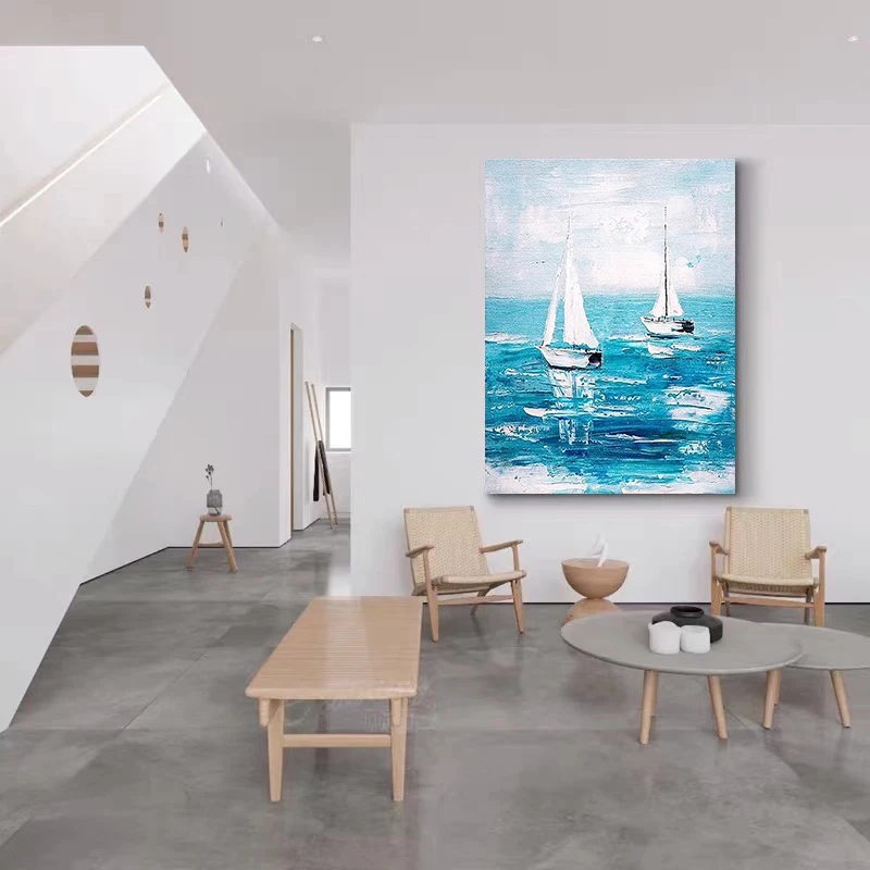 Pure Hand-painted Oil Painting Sailboat Decorative Painting Modern Dining Room Background Wall Senior Hanging Painting Frameless