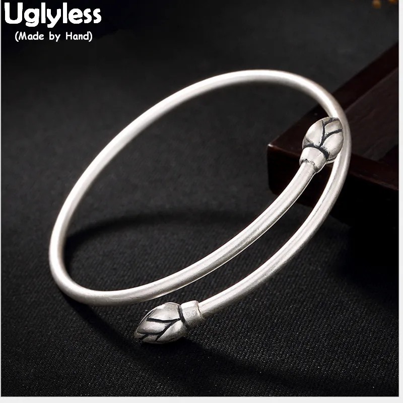 

Uglyless Real S 990 Silver Fine Jewelry Simple Fashion Lotus Bangles for Women Elegant Ethnic Floral Bangle Handmade Open Bijoux