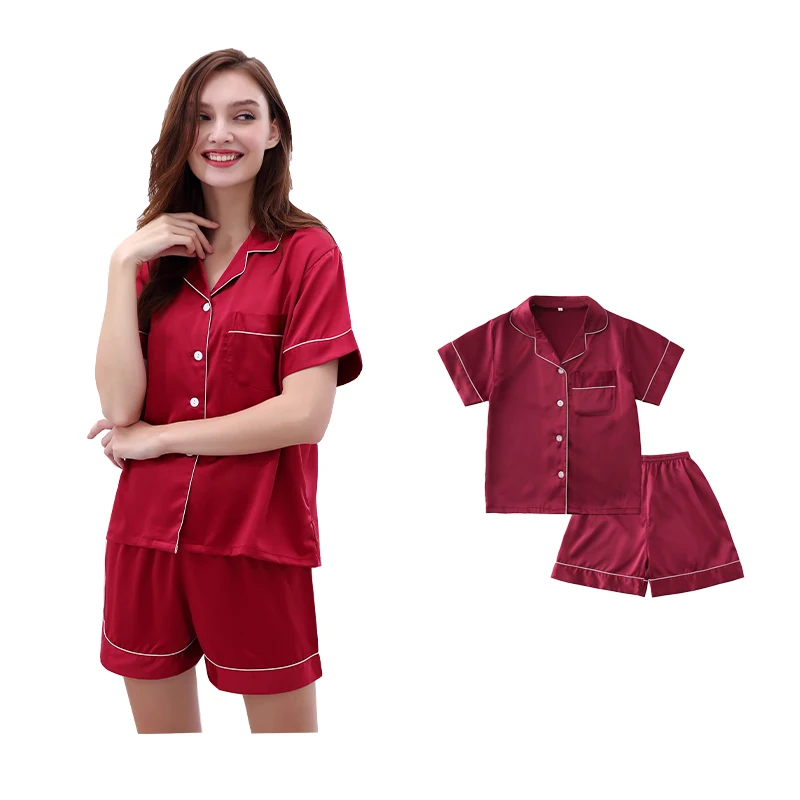Short Sleeve with Shorts Women Summer Sleepwear Satin Silk Pajamas Set