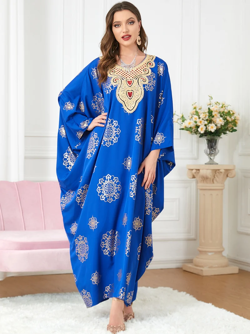 Muslim Woman Abaya Turkey 2022 New Lace Embroidery Retro Printed Maxi Dress Batwing Sleeve Casual Loose Moroccan Caftan