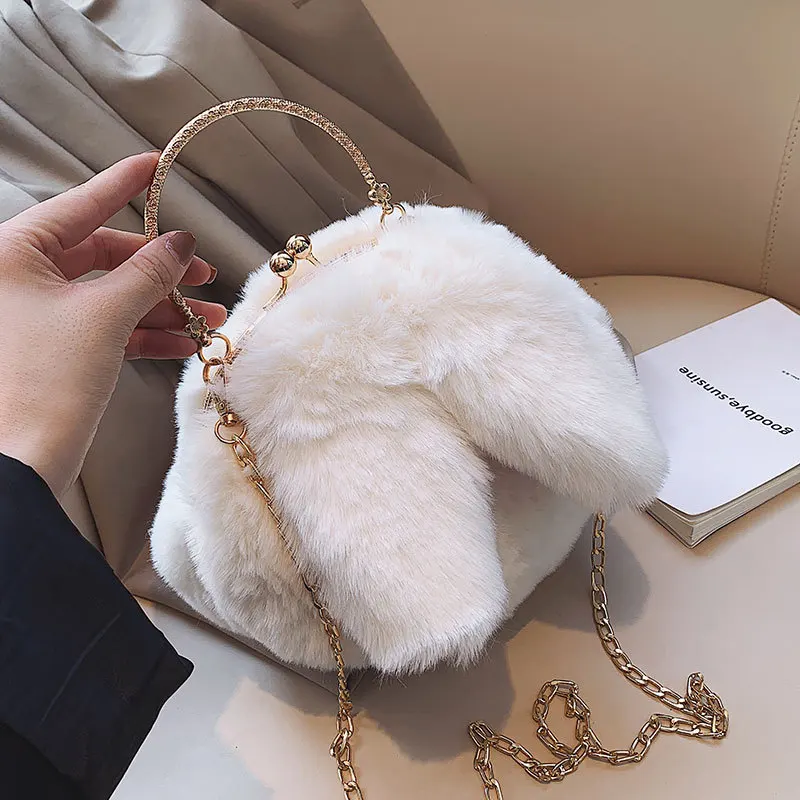 Rabbit Ladies Small Bag Autumn and Winter New Plush Cute Girls Chain Crossbody Shoulder Bag Solid Color Handbag Christmas Gift