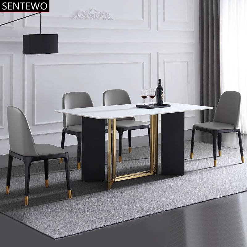 

SENTEWO Ltalian Luxury Marble Kitchen Dining Table With Chairs Set Stainless Steel Gold Frame Dinner Tables Chair Meble Kuchenne
