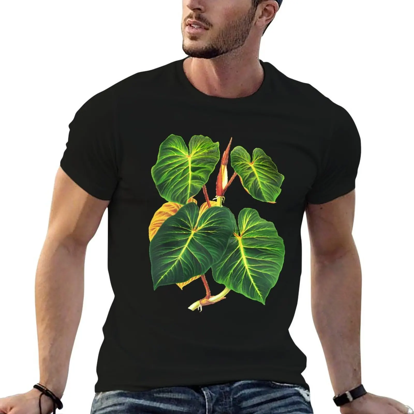 Фото Футболка с ботаническим рисунком Philodendron verrucosum. Удобная футболка с короткими рукавами для тренировок. №1