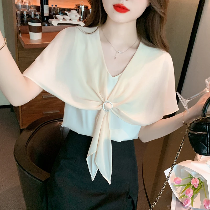 

Summer New Korean Versatile Ruffle Edge Satin Shirt Women's Solid Ruffle Sleeve V-Neck Elegant Short Sleeve Top