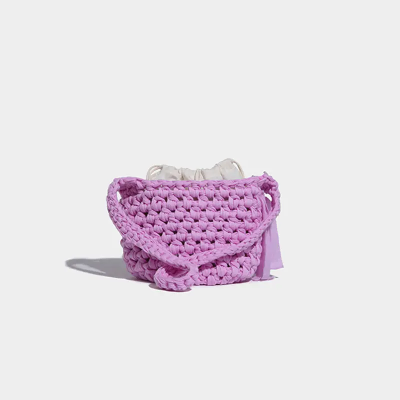 LOERSS Fabric Bucket Bag Knitted Shoulder Bag Beach Vacation Crossbody Bag for Women Hollow Casual Handbag Handmade Female Bag