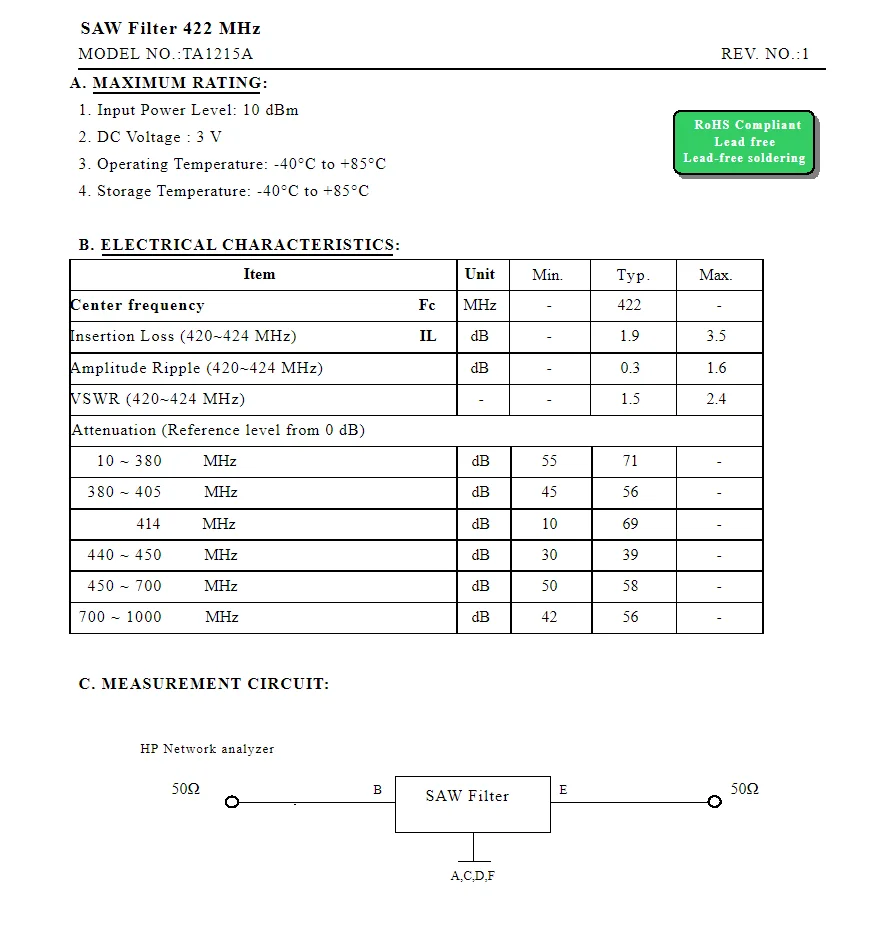 10 шт. TA1215A код QD новый подлинный фильтр SMD SAW 422 МГц в упаковке наличии
