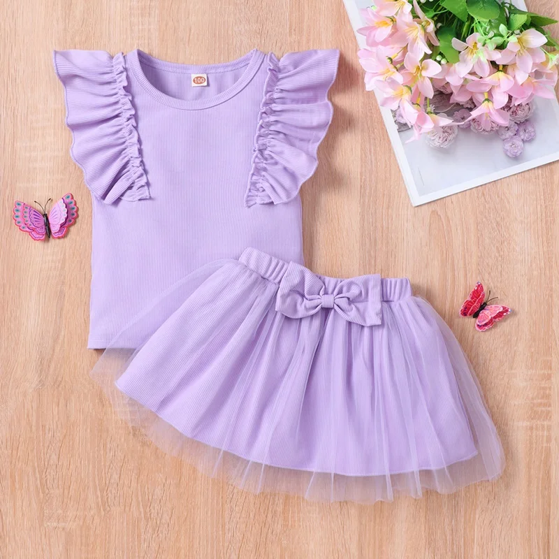 

Fashion Kids Clothes Toddler Girl Clothes 2 Pcs Sets Solid Ruffles Tops+bow Mesh Short Skirts Summer Cotton Girls Clothes 1-6Y
