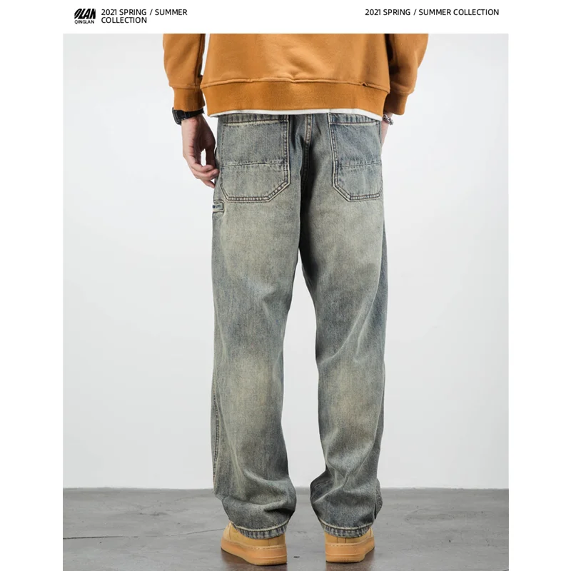 Streetwear Men 2022 New Casual Yellow Mud Dyed Jeans Straight for Men, Loose and Casual Vintage Sag Wide Leg Pants Autumn Female