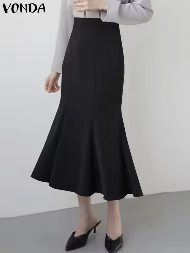 

VONDA Elegant Women Fishtail Skirts 2023 Summer Ruffled Casual High Waist Wrapped Hip Long Skirt Zipper Solid Bottoms Oversized