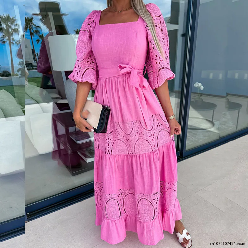 

Women Retro Loose Beach Dress Fashion New Lace Patchwork Ladies Elegant Dress Temperament Square Collar Tie-Up Ruched Maxi Dress