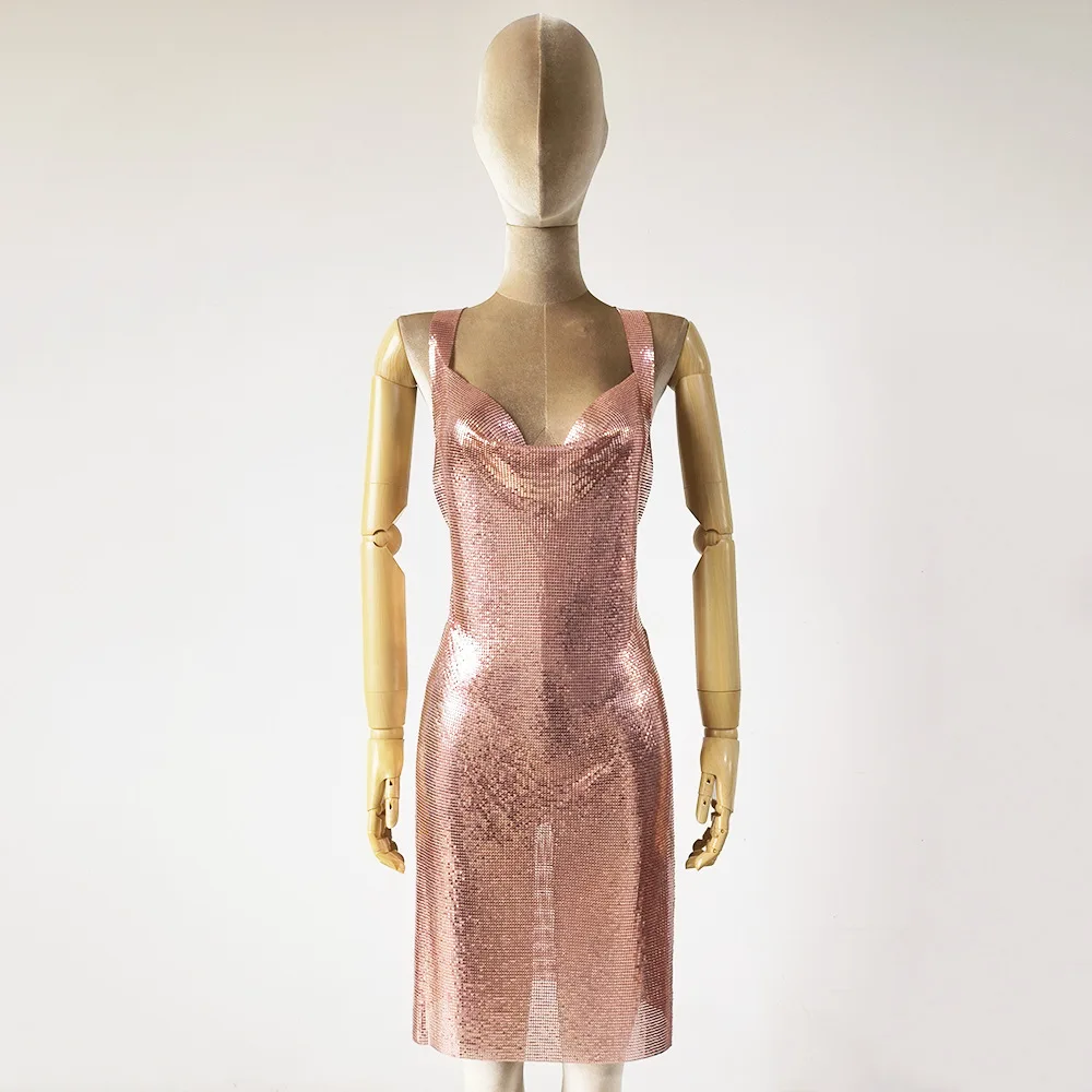 

Элегантные платья для женщин 2023 блестящая металлическая алюминиевая сетка с блестками Сексуальная задняя часть для ночного клуба Женская Праздничная винная Клубная летняя одежда