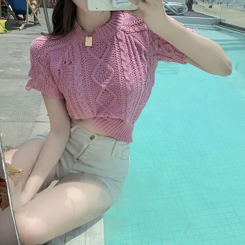 

Women's New Summer Hollow Out Slim Short T-shirts 2021 Knitwear T-shirt Female Design Sense Niche Sexy Thin Short Sleeve Tops