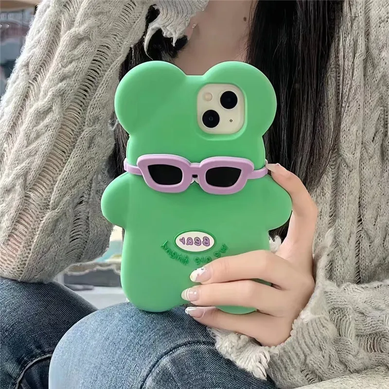 

Korean ins pop Cartoon Sunglasses Bear 3D Case For iphone 12 13 14 Pro Max i11 13Pro 13promax Kid gift Soft Silicone Phone Cover
