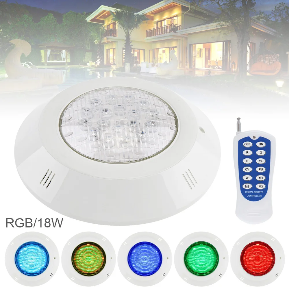 18 LED 12V 18W RGB Underwater Light 3000K Remote Control Wall-mounted Waterproof Light Multi-Color for Outdoor Lighting