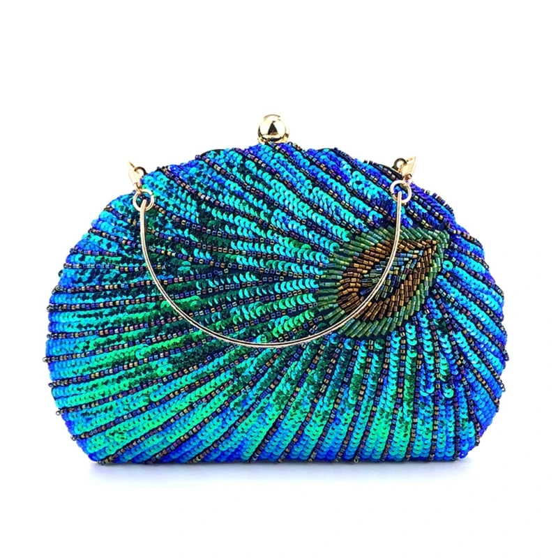 

2023 NEW Wedding Clutch Shoulder Bag Handmade SequinBeading PeacockEvening Bag