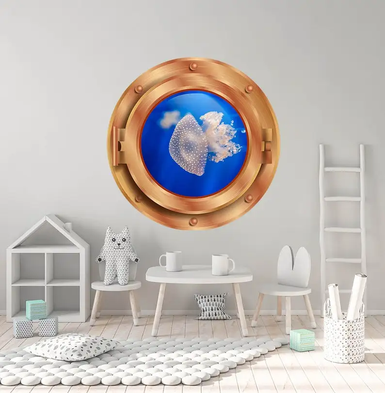 

Jellyfish Wall Decal, 3D Portscape Wall Decal, Porthole Window Wall Decor, Nautical Nursery Wall Sticker, 3D Porthole Frame Deca