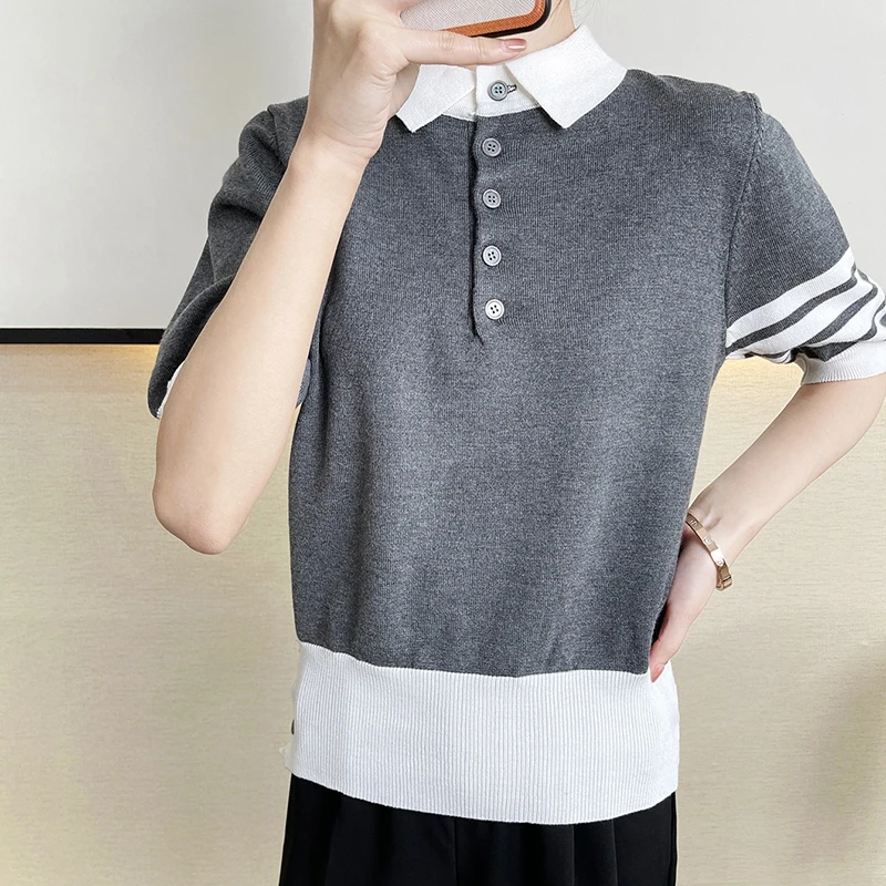 

22 summer new short-sleeved TB four-bar knitted loose lapel POLO collar college wind top women's tide