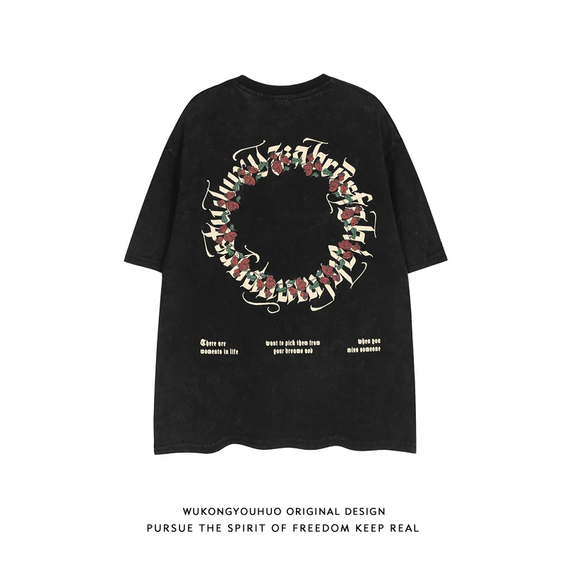 

European and American Summer Rose Print Washed Short-sleeved T-shirt Men and Women Tide Brand Loose Couple Cotton T-shirt